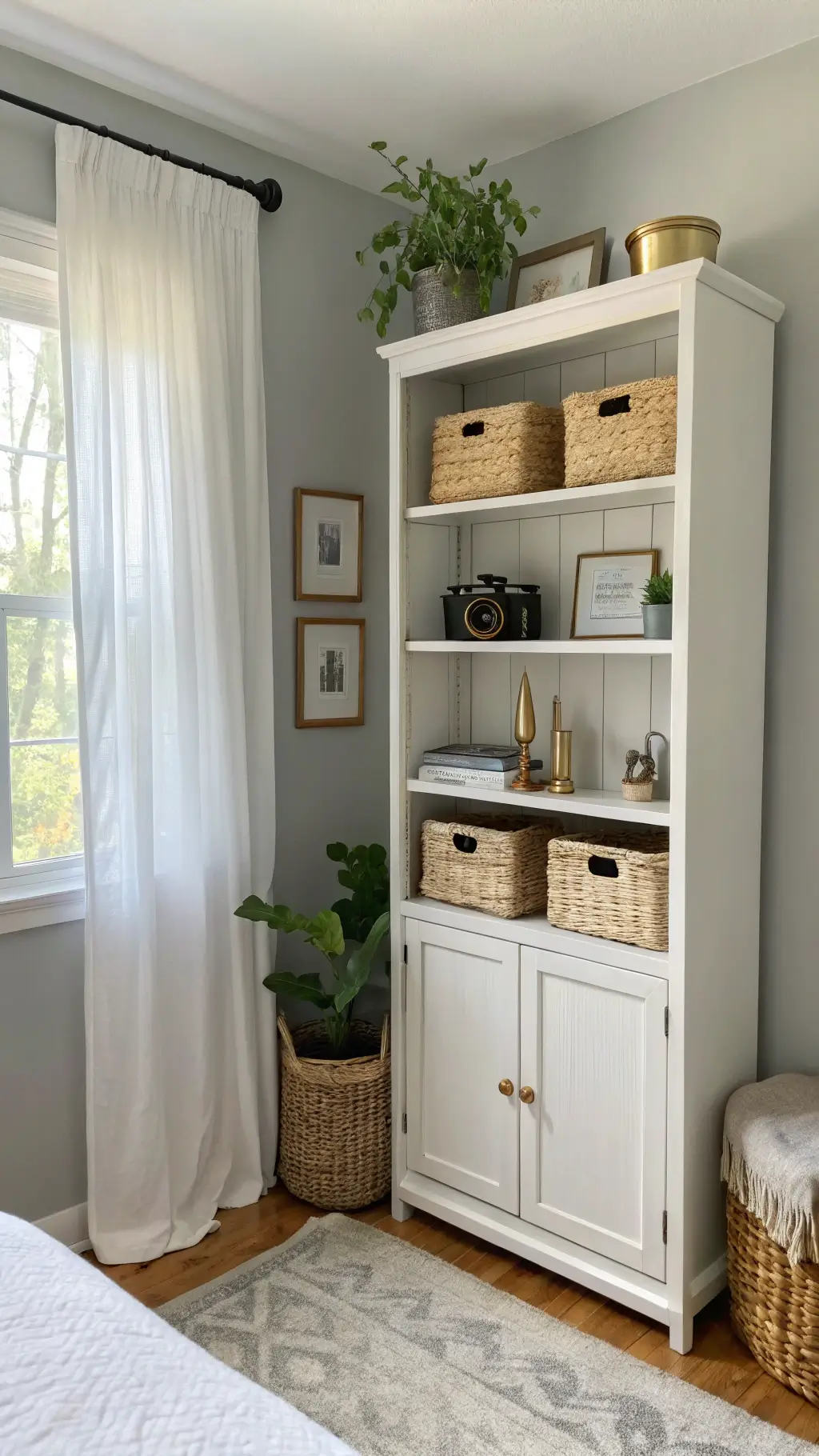 Inviting small bedroom featuring a rustic cream cabinet against a soft taupe wall, adorned with ceramic vases, trailing ivy, and woven baskets, illuminated by gentle morning sunlight through sheer drapes.