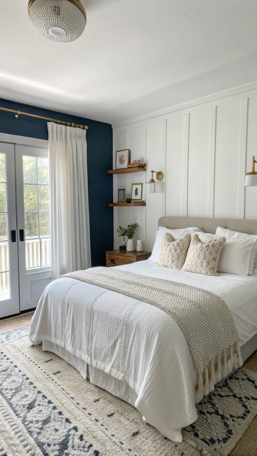 A cozy 10'x12' bedroom with a queen bed against a deep navy accent wall, adorned with crisp white linens, chunky knit throws, and mixed-pattern pillows in cream and blue. Wall-mounted brass sconces provide warm lighting, while floating wooden nightstands flank the bed. Sheer white curtains filter soft morning light, and vertical white shelving maximizes corner space. The room exudes a serene, textured ambiance.