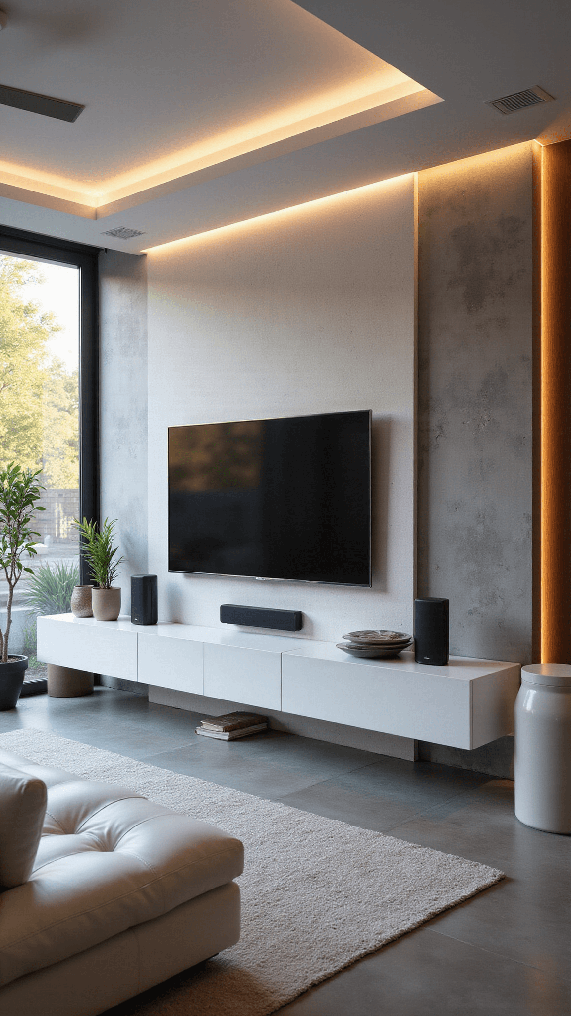 Modern 20x24ft living room featuring floor-to-ceiling windows, modular white sofa, floating Frame TV on gray accent wall, ambient LED lighting, and tech-integrated decor in soft grays, white, and navy accents.