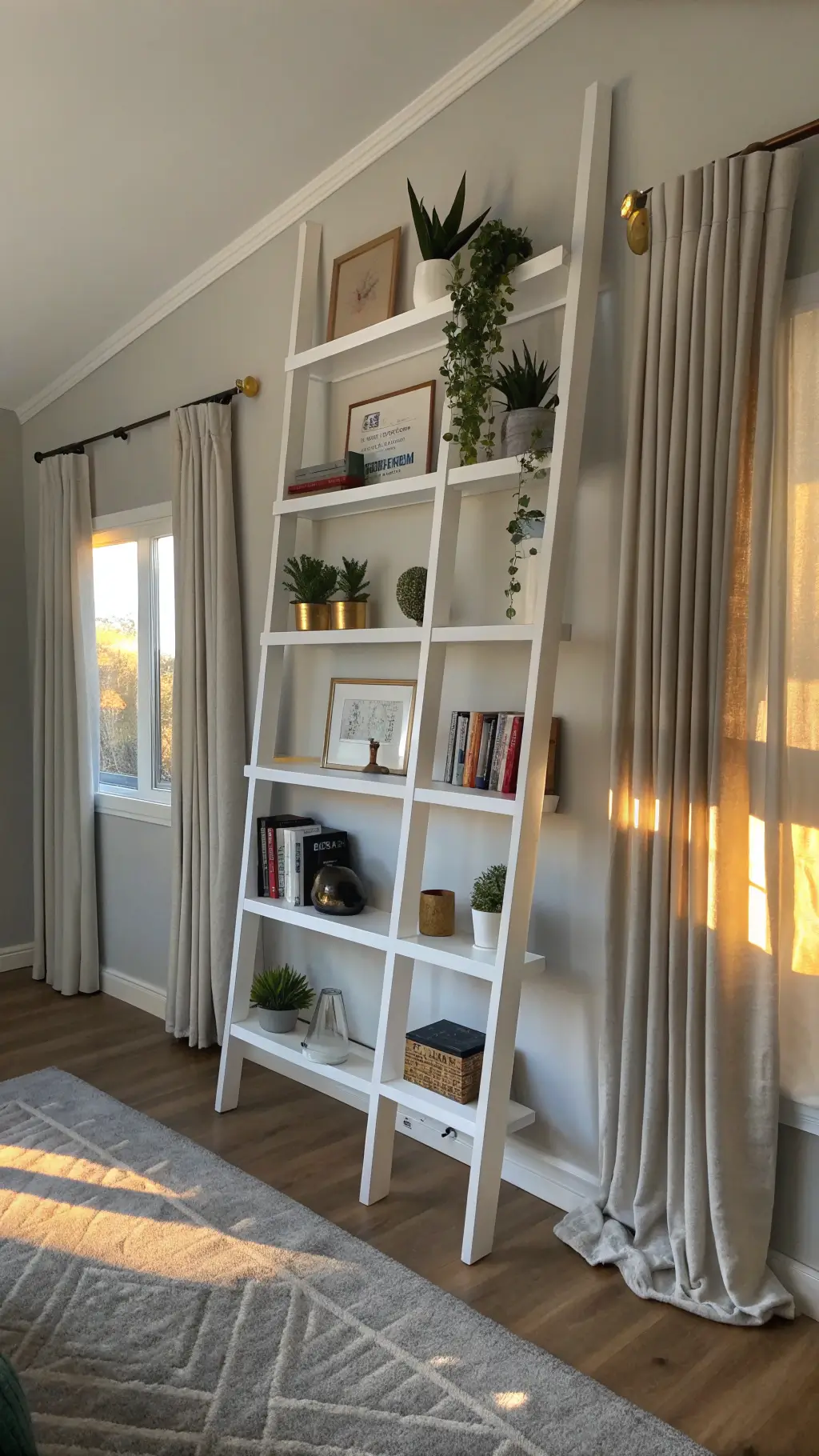 Minimalist living room with tall white ladder bookshelf illuminated by soft golden sunlight through sheer curtains, showcasing neutral-toned books, potted succulents, and brass decor.