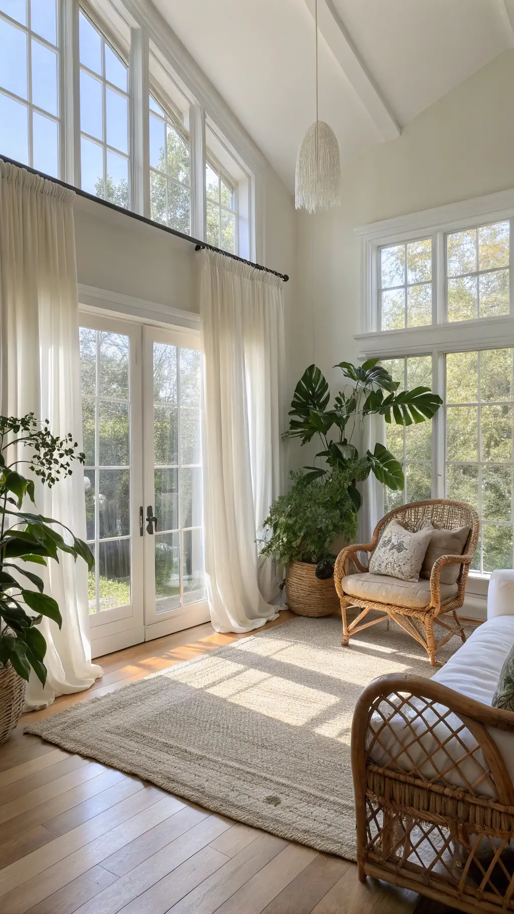 Sun-drenched living room featuring expansive west-facing windows, sheer ivory drapes, and bleached oak flooring. A vintage rattan peacock chair with a cream Turkish throw nestles beside layered jute and wool rugs. A low linen sofa is set against a wall adorned with cascading macramé art. A large Monstera plant reaches toward the warm, filtered sunlight.