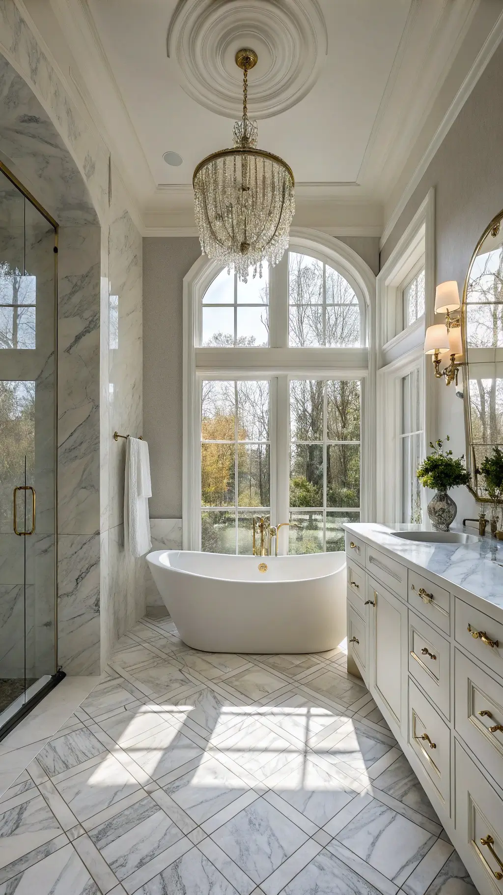 Elegant marble bathroom featuring a freestanding oval tub, book-matched Calacatta marble shower, herringbone flooring, brass fixtures, and soft morning light through frosted windows.