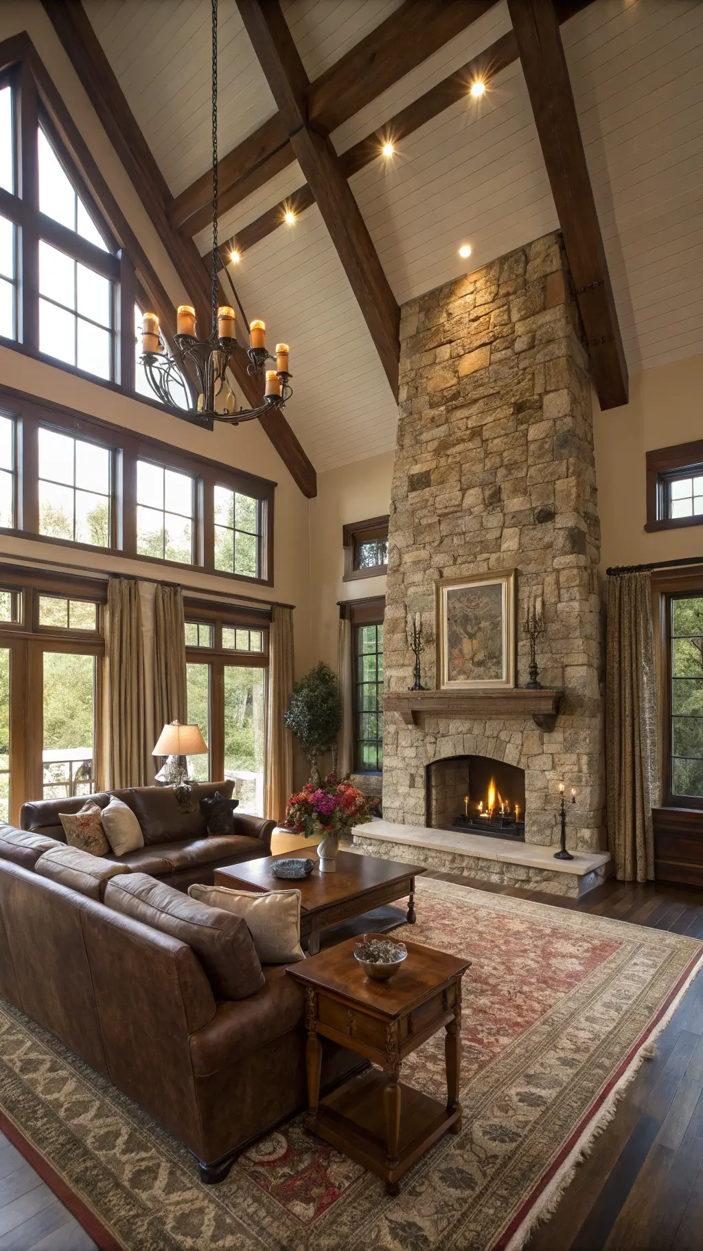 Elegant vaulted living room with stacked stone fireplace, leather Chesterfield sofa, walnut coffee table, Persian rugs, and golden hour lighting.