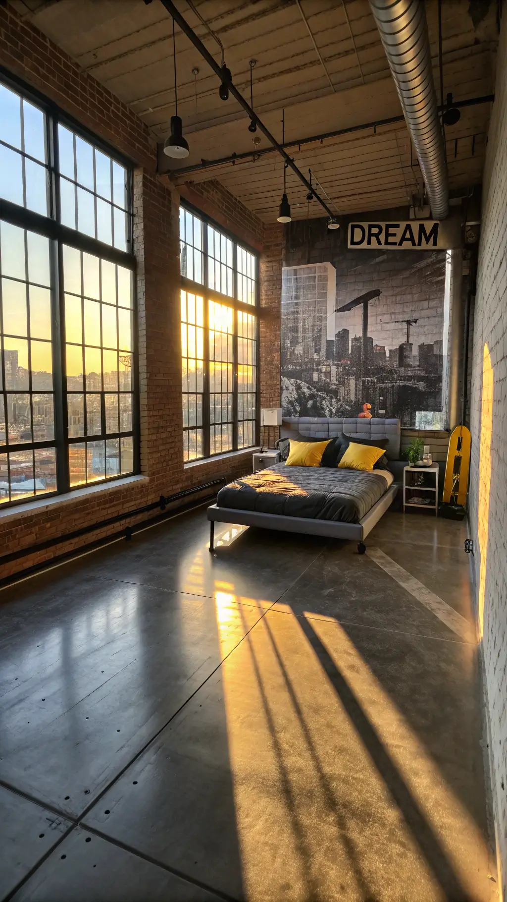 Wide-angle view of industrial-style urban loft bedroom with metal bed, graffiti wall, skateboard shelves, and moody golden hour lighting.