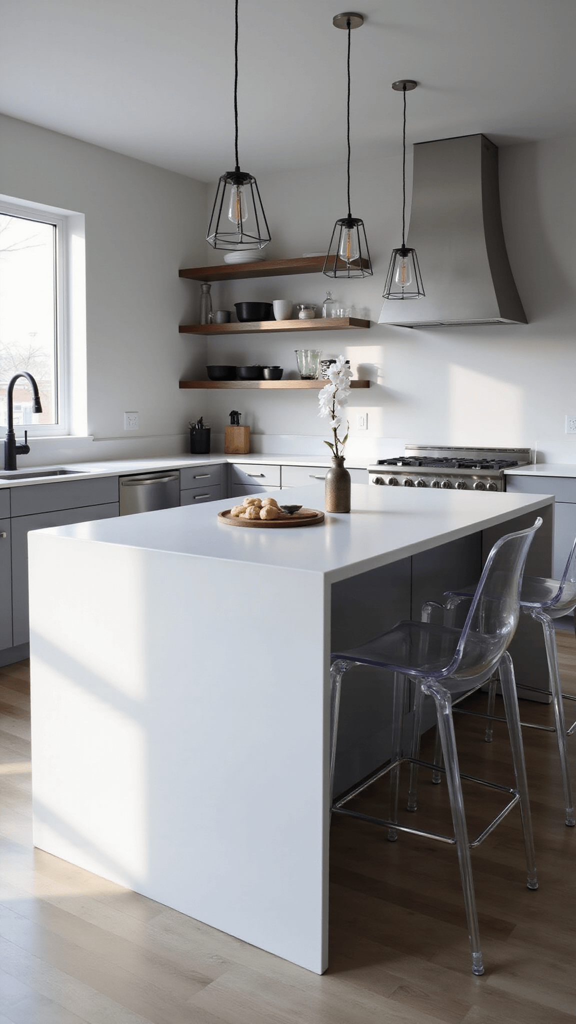 Modern minimalist kitchen with white quartz waterfall island, matte black fixtures, floating shelves, and clear acrylic stools lit by morning sunlight.