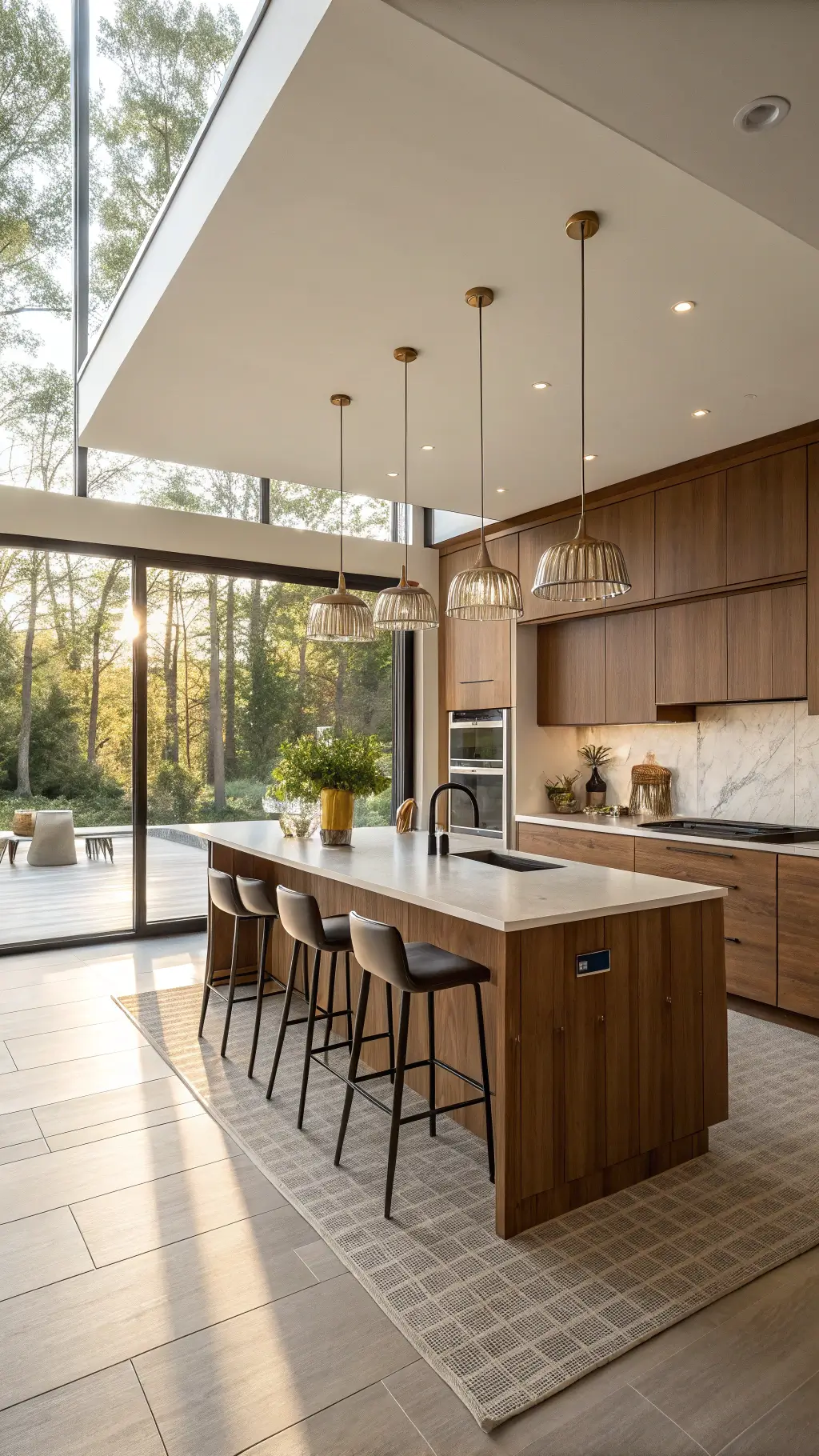 Modern walnut kitchen with white quartz island, brass pendant lights, and floor-to-ceiling windows glowing with golden hour sunlight.