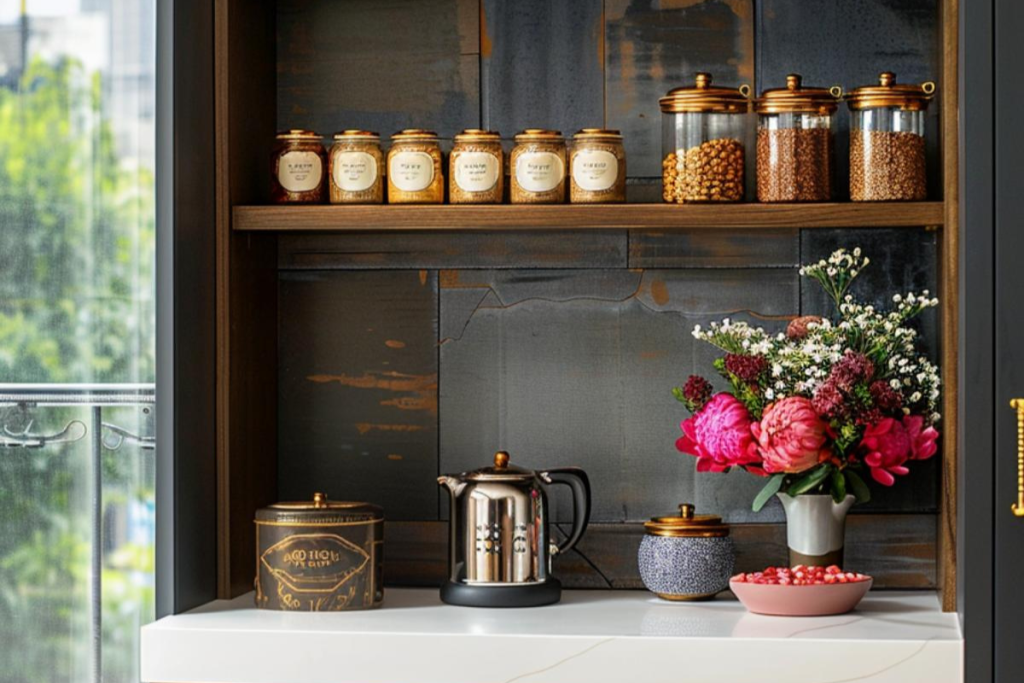 A kitchen shelf with jars of spices and grains, a kettle, a tin, a bowl of red candies and a vase of flowers on a countertop. Trees are visible through a large window.