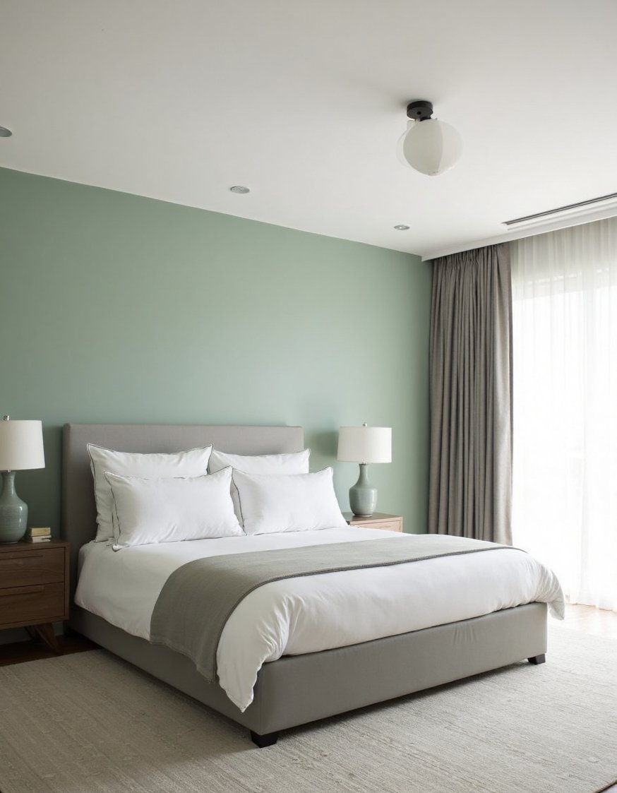 best bedroom color combination ideas - Serene Green Bedroom: Sage Walls & Grey Accents - Calming bedroom colors: Sage green walls create a...