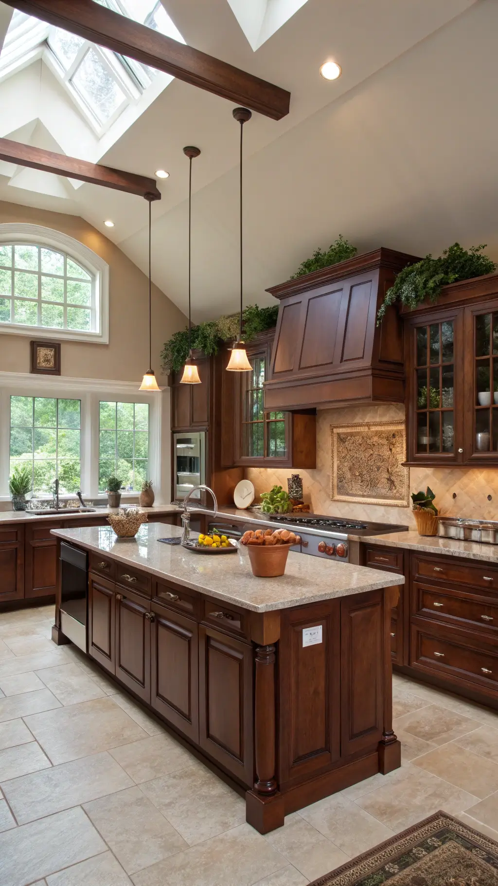Spacious kitchen featuring vaulted ceilings, deep cherry wood cabinets, and warm ambient lighting. Central cream quartz island with brushed nickel fixtures surrounded by copper kettles, white ceramic jars, and terracotta herb pots near a west-facing window. The photo highlights the natural wood grain and depth from a 45-degree angle.