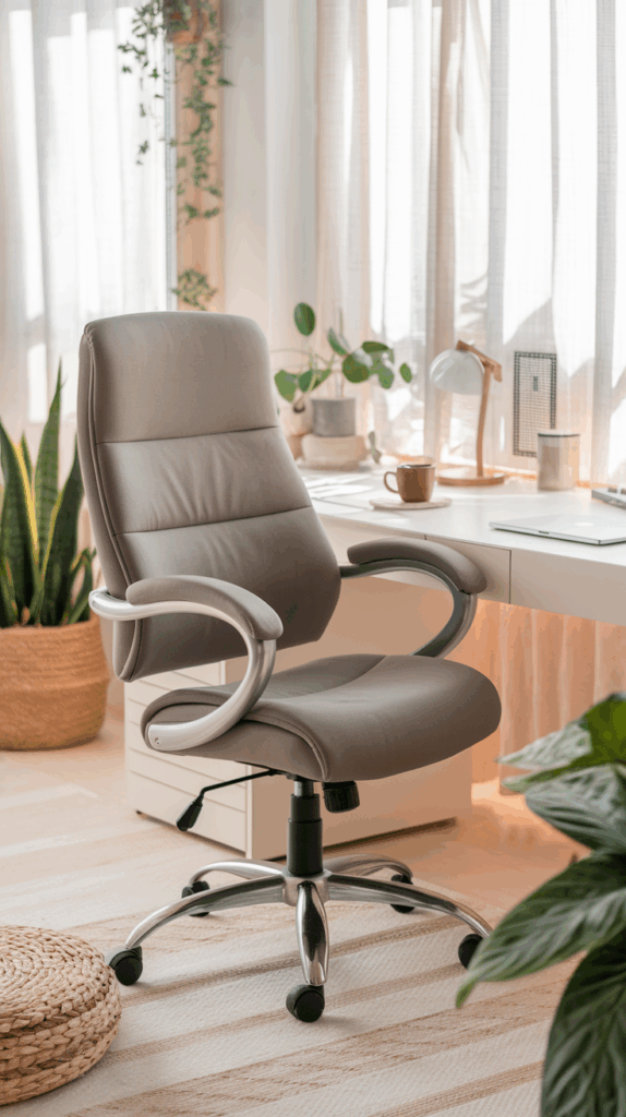 A cozy, well-lit home office featuring a modern ergonomic office chair with lumbar support and cushioned armrests