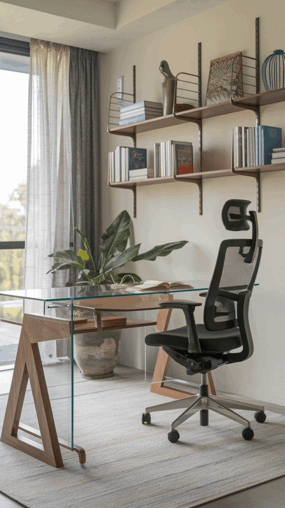 A well-thought-out contemporary home office with an ergonomic chair with proper back support