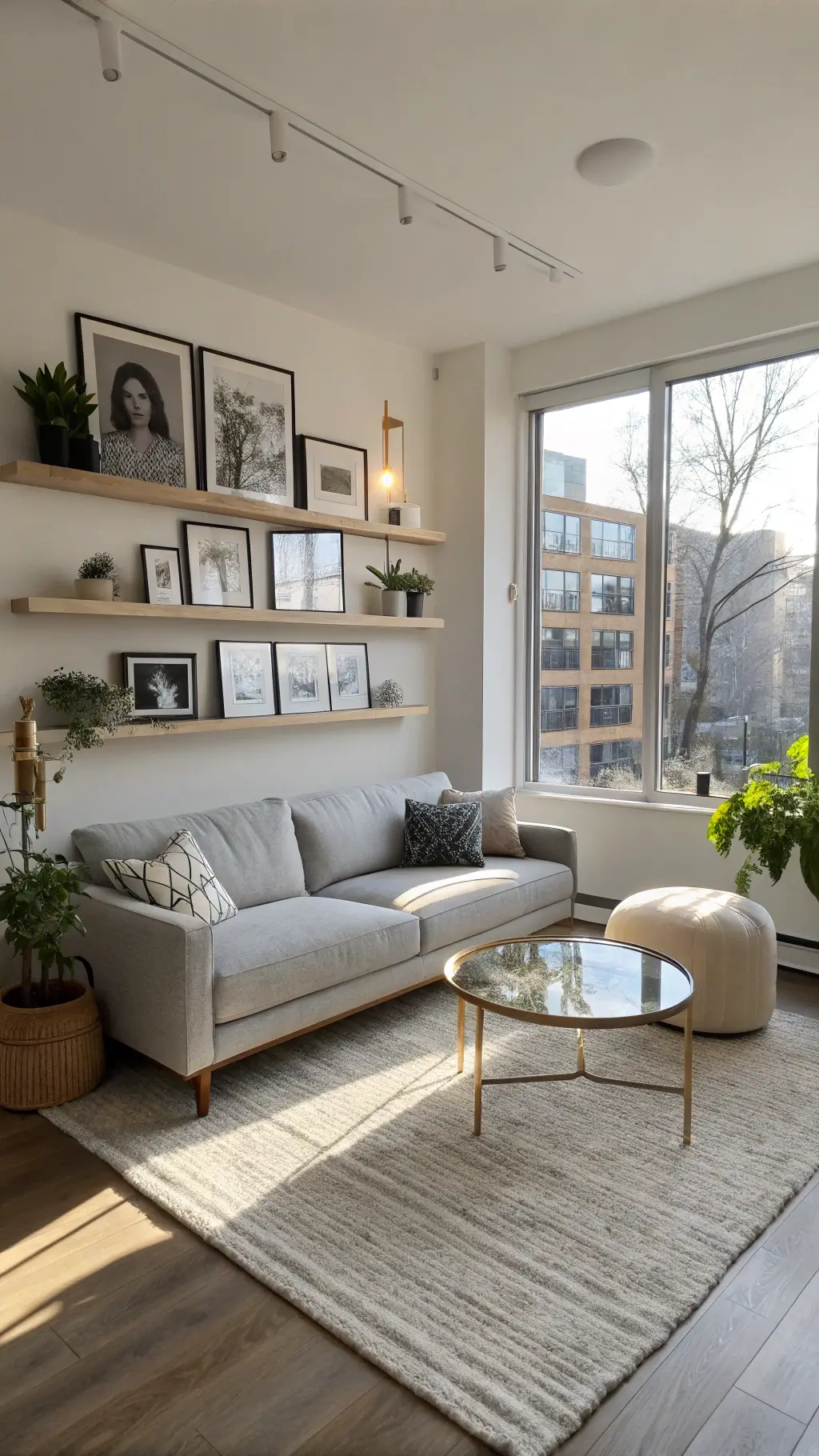 Compact 12x14' living room illuminated by soft afternoon light, showcasing a pearl gray sectional sofa, round brass coffee table on a cream rug, minimalist black and white artwork, and floating shelves adorned with ceramics and plants near the windows.