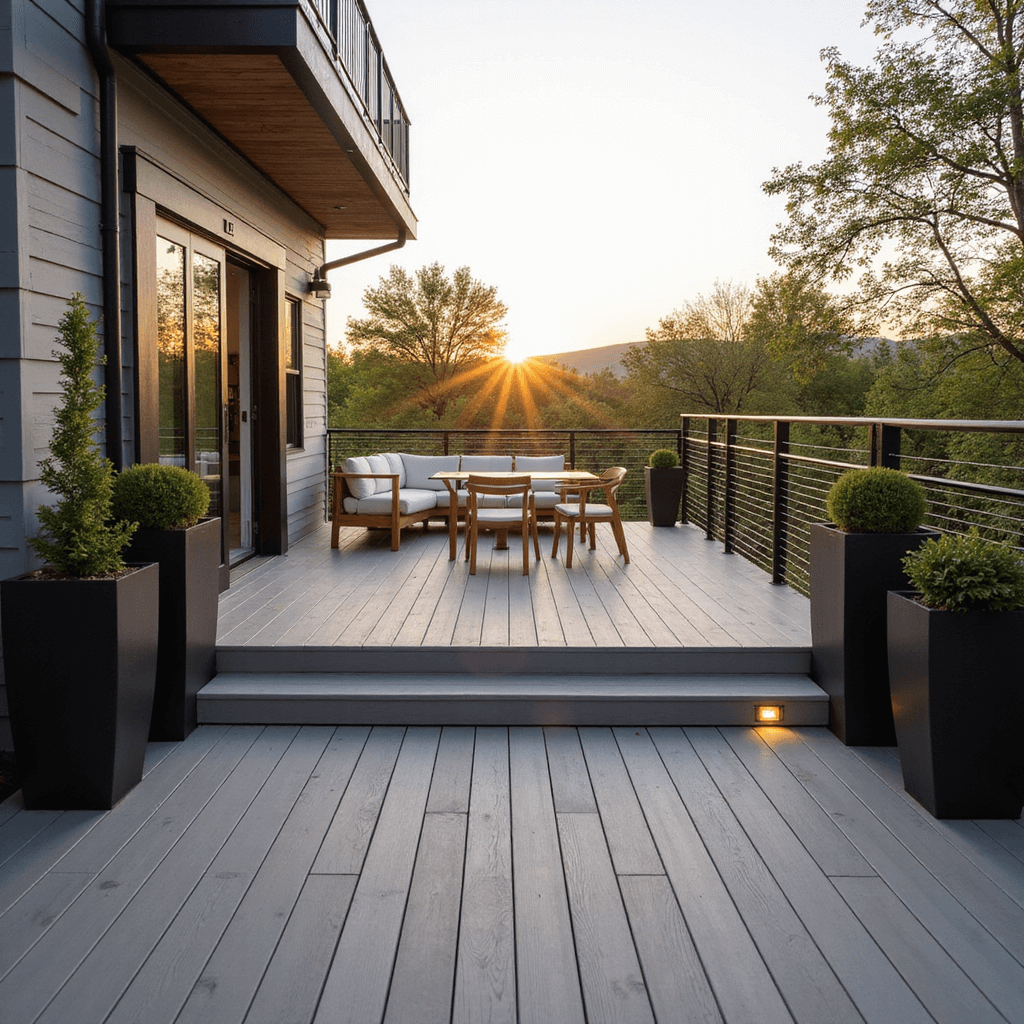 Modern minimalist elevated deck at sunset with light gray composite flooring, black railings, teak furniture, and glowing LED strip lighting.
