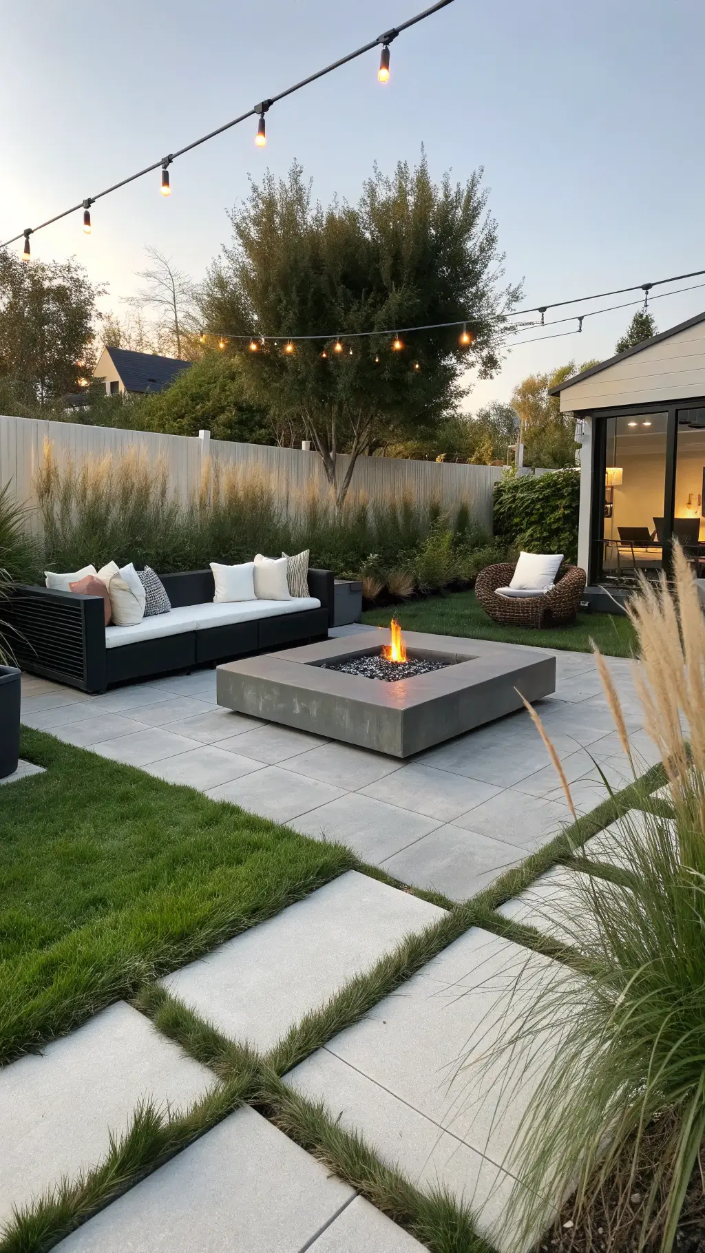 modern minimalist backyard patio with matte black sectional, geometric fire pit, and bamboo in grey planters during golden hour
