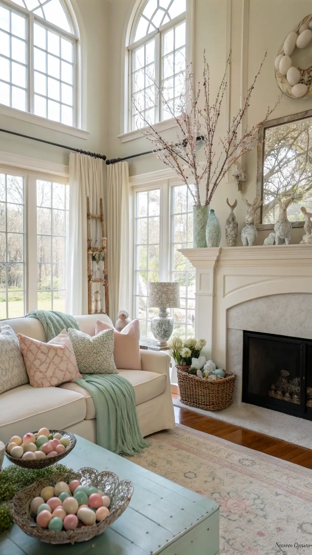 Easter-themed living room with sunlit bay windows, cream-colored mantle decorated with pastel eggs, vintage ceramic bunnies, cherry blossom branches, and an ivory sofa with Easter motif pillows.