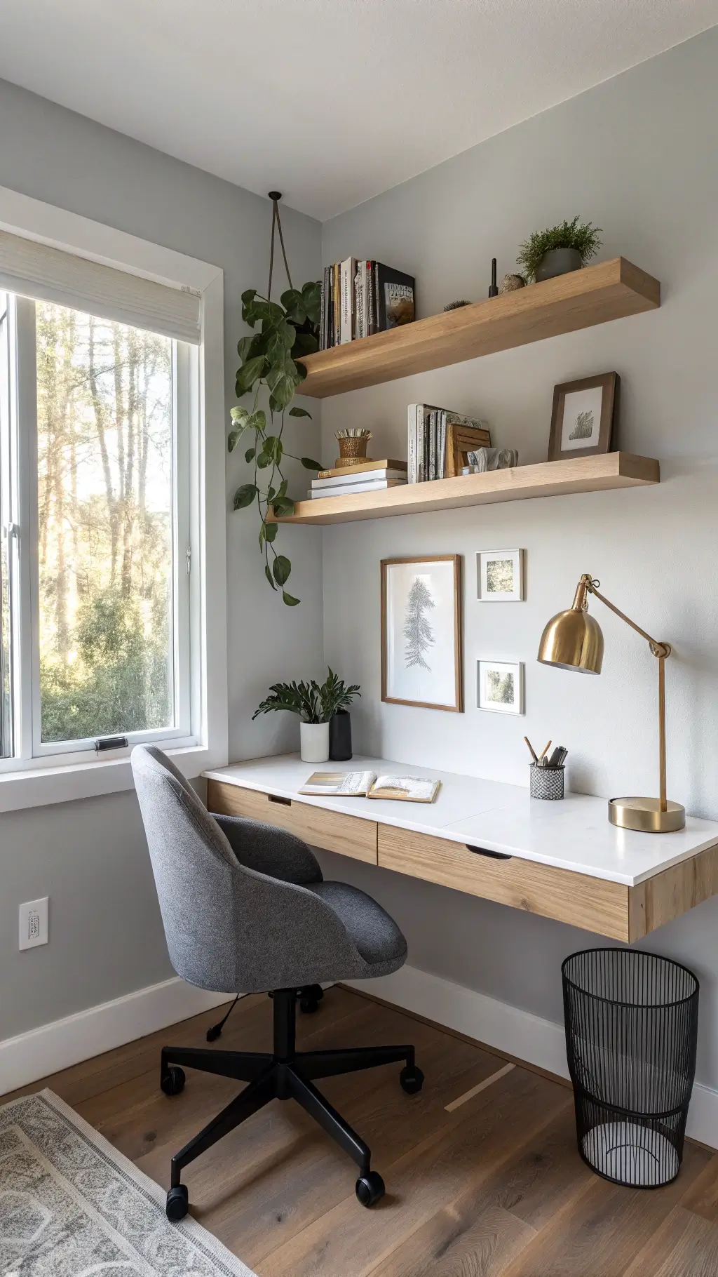 Minimalist home office nook with white oak desk, brass task lamp, and curated shelves in morning light