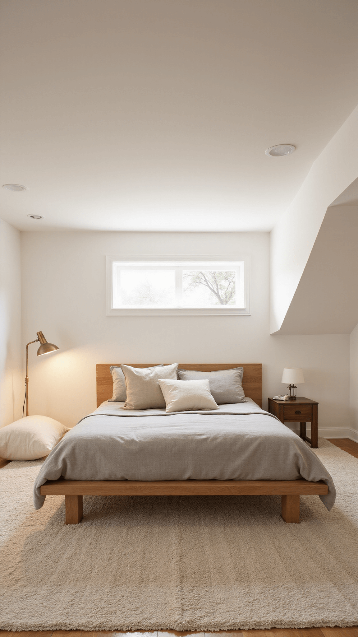 Modern minimalist basement bedroom at golden hour with bleached oak platform bed, cream wool rug, linen bedding, oversized ivory pillows, and warm layered lighting through enlarged egress window.