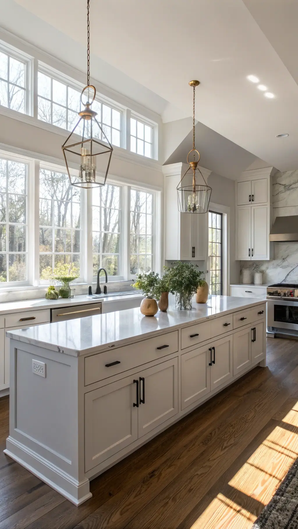 Bright kitchen featuring sleek white Shaker cabinets, quartz countertops, brass pendant lighting, and stainless steel appliances illuminated by natural light.