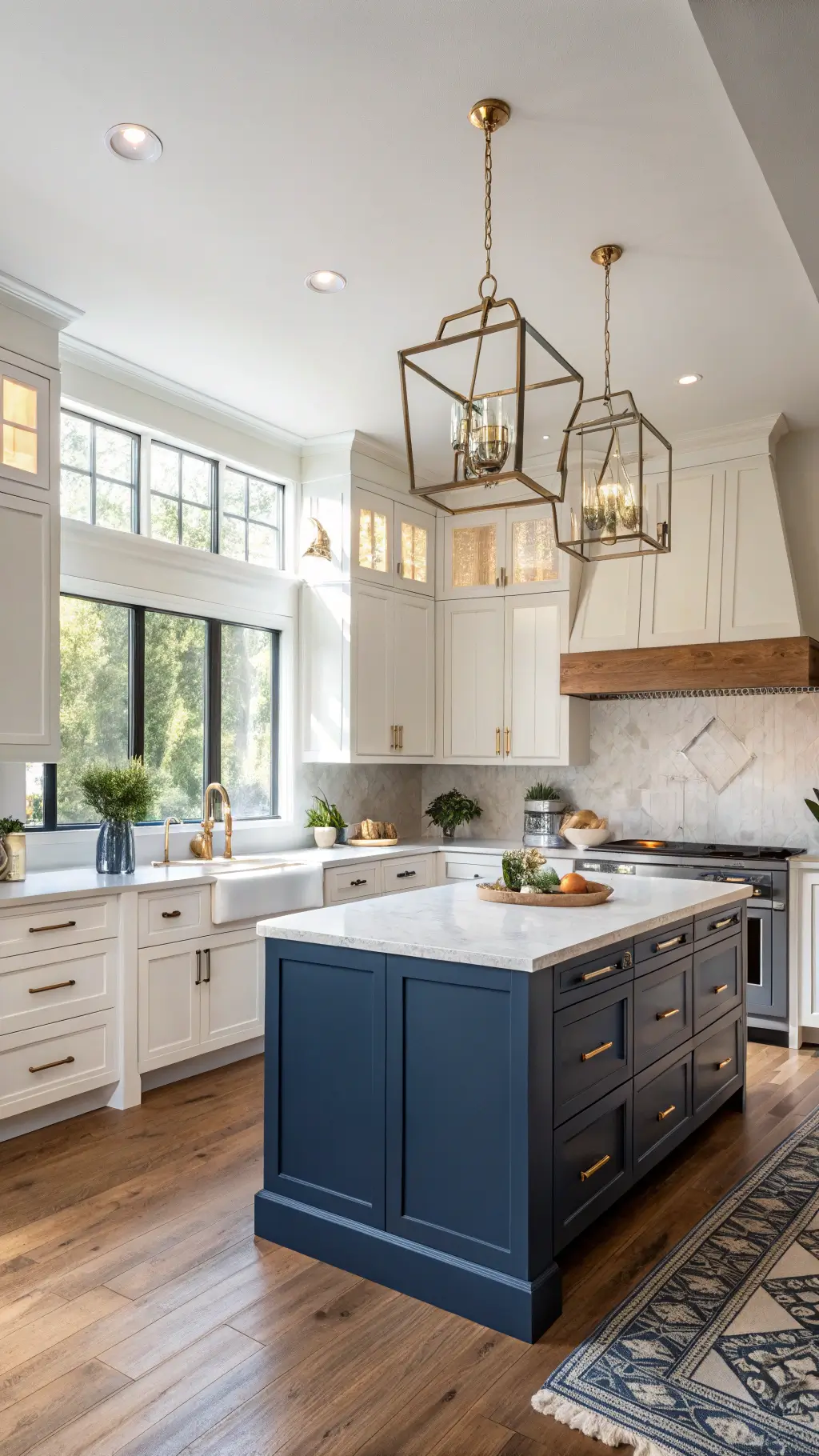 modern kitchen with high ceilings, contrasting white and navy cabinets, quartz countertops, brass accents, artisanal pottery, fresh herbs, oak flooring during golden hour.