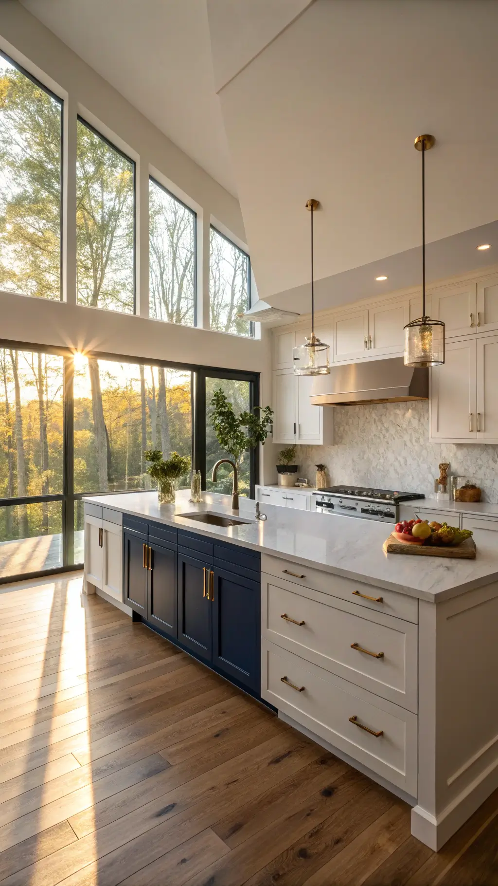 Contemporary kitchen featuring white and navy cabinets, brass fixtures, quartz waterfall island, and sunlight streaming through expansive windows.