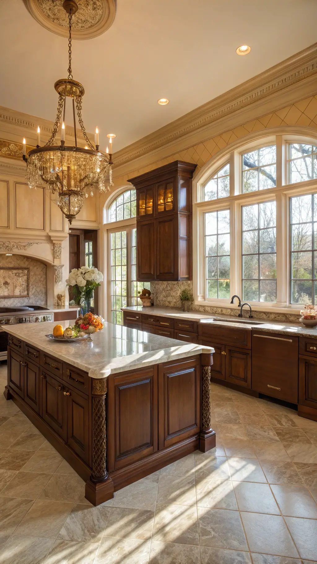 Traditional kitchen featuring cherry wood cabinets, marble countertops, and warm sunlight highlighting copper cookware and fresh bread on a wooden board.