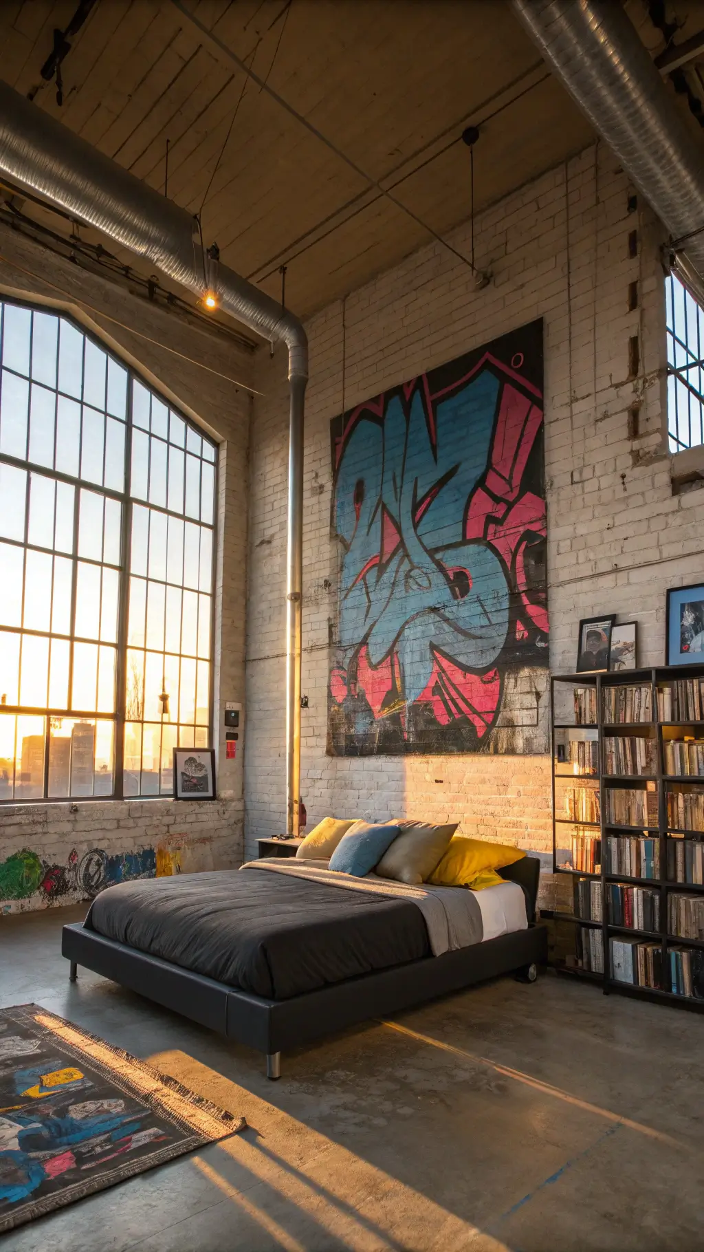 Loft bedroom bathed in warm sunlight highlighting exposed concrete walls adorned with colorful graffiti, black metal bed with bright yellow cushions, surrounded by industrial shelves showcasing vinyl records and art prints.