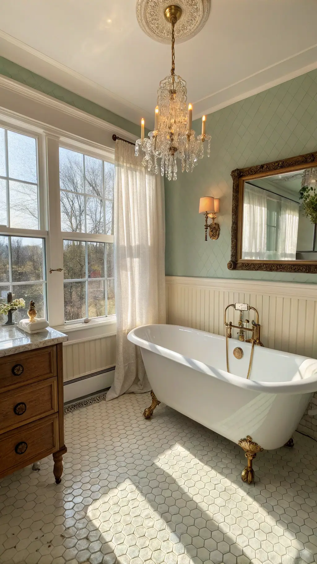vintage bathroom bathed in golden hour sunlight featuring a white clawfoot tub, honeycomb floor tiles, crystal chandelier, and an antique oak vanity with brass fixtures milk glass containers