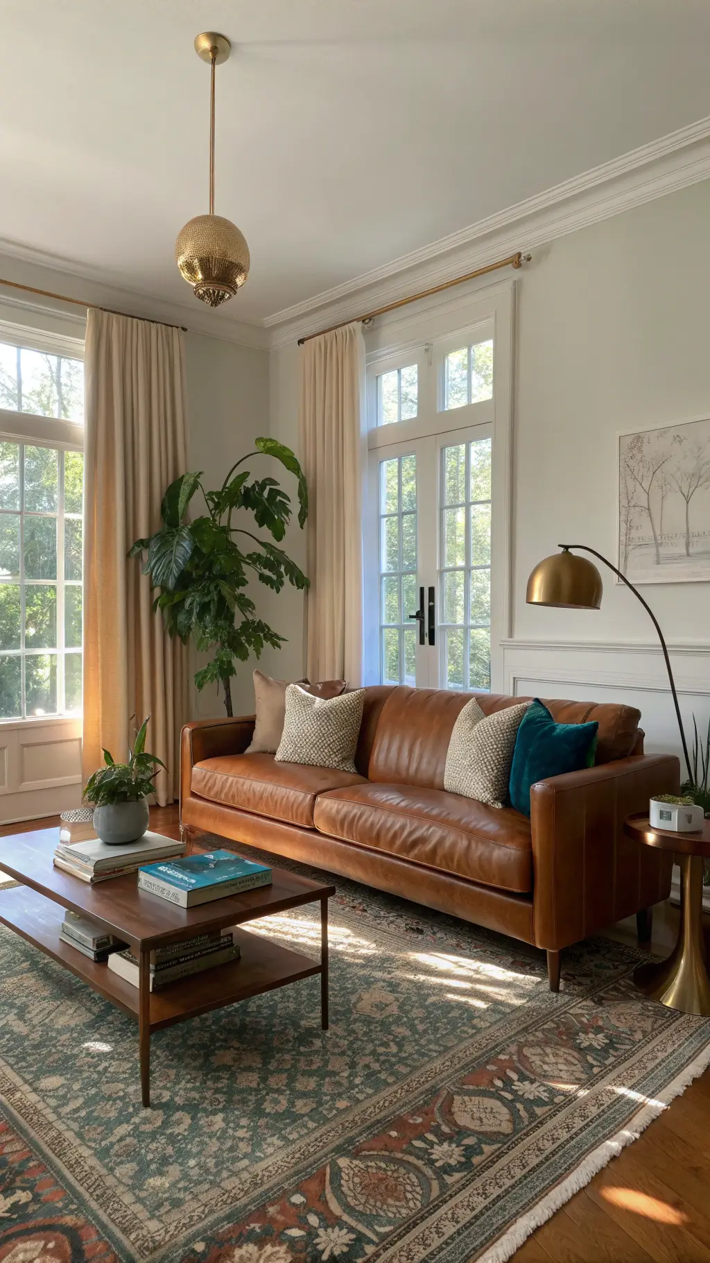 Spacious living room with high ceilings, vintage Persian rug, mid-century sofa, walnut coffee table, ceramic decor, art books, and a monstera plant, bathed in golden hour light from a low angle.