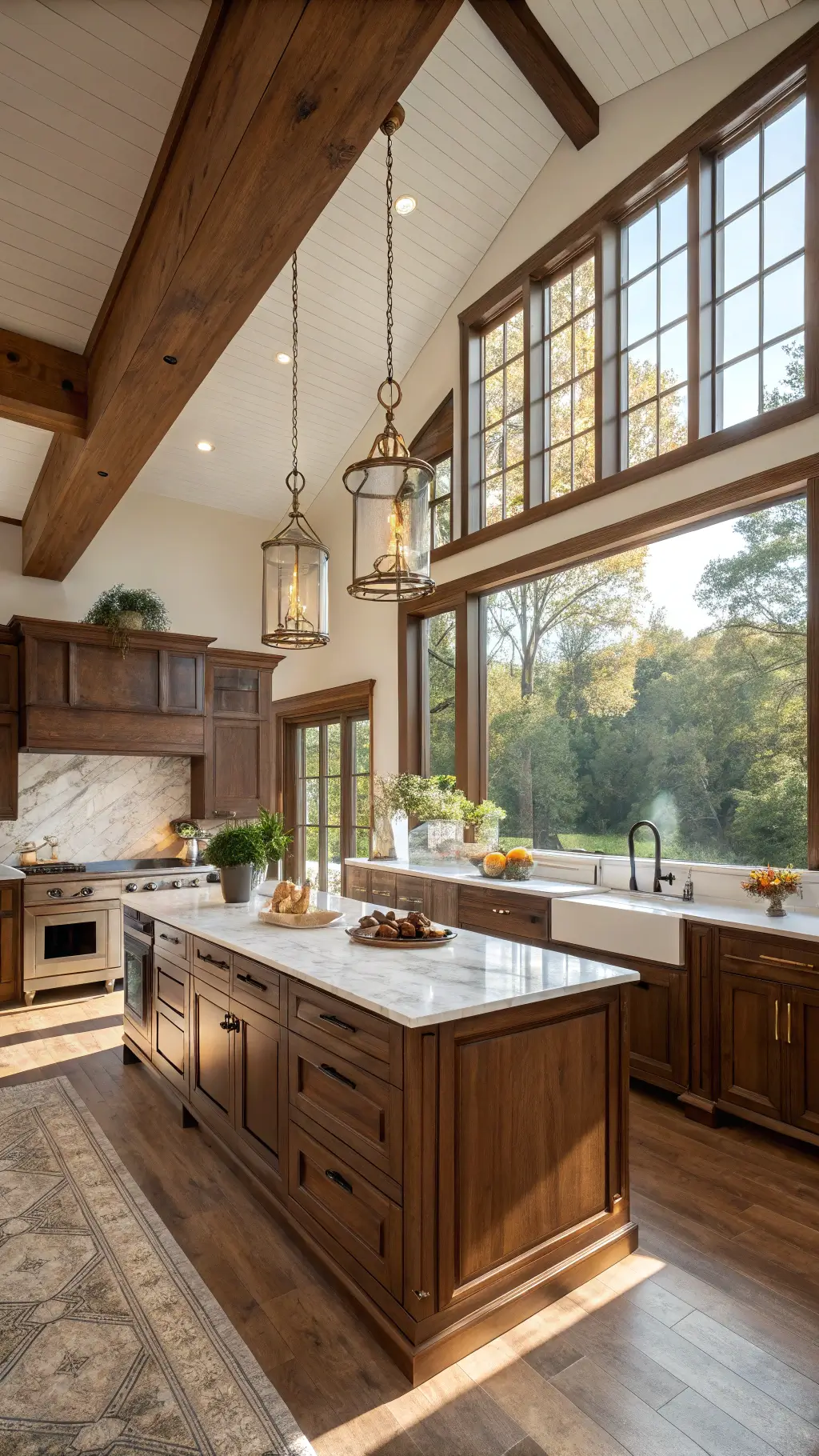 Elegant 12x15ft kitchen featuring floor-to-ceiling walnut cabinets, Calacatta marble island, brass pendant lighting, and warm sunlight accentuating the wood’s rich texture.