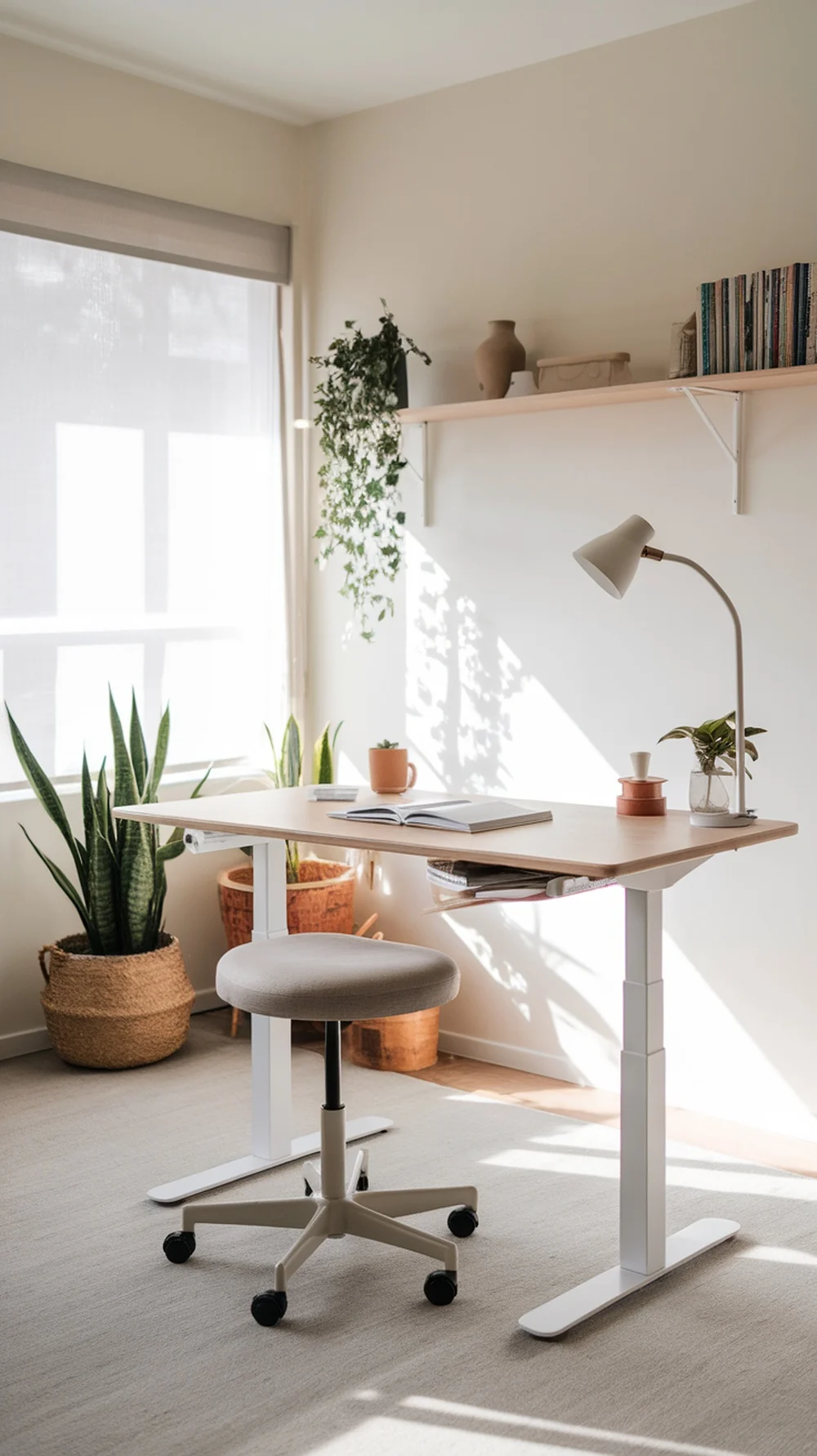 A modern home office setup featuring a standing desk, comfy office chair, and plants.