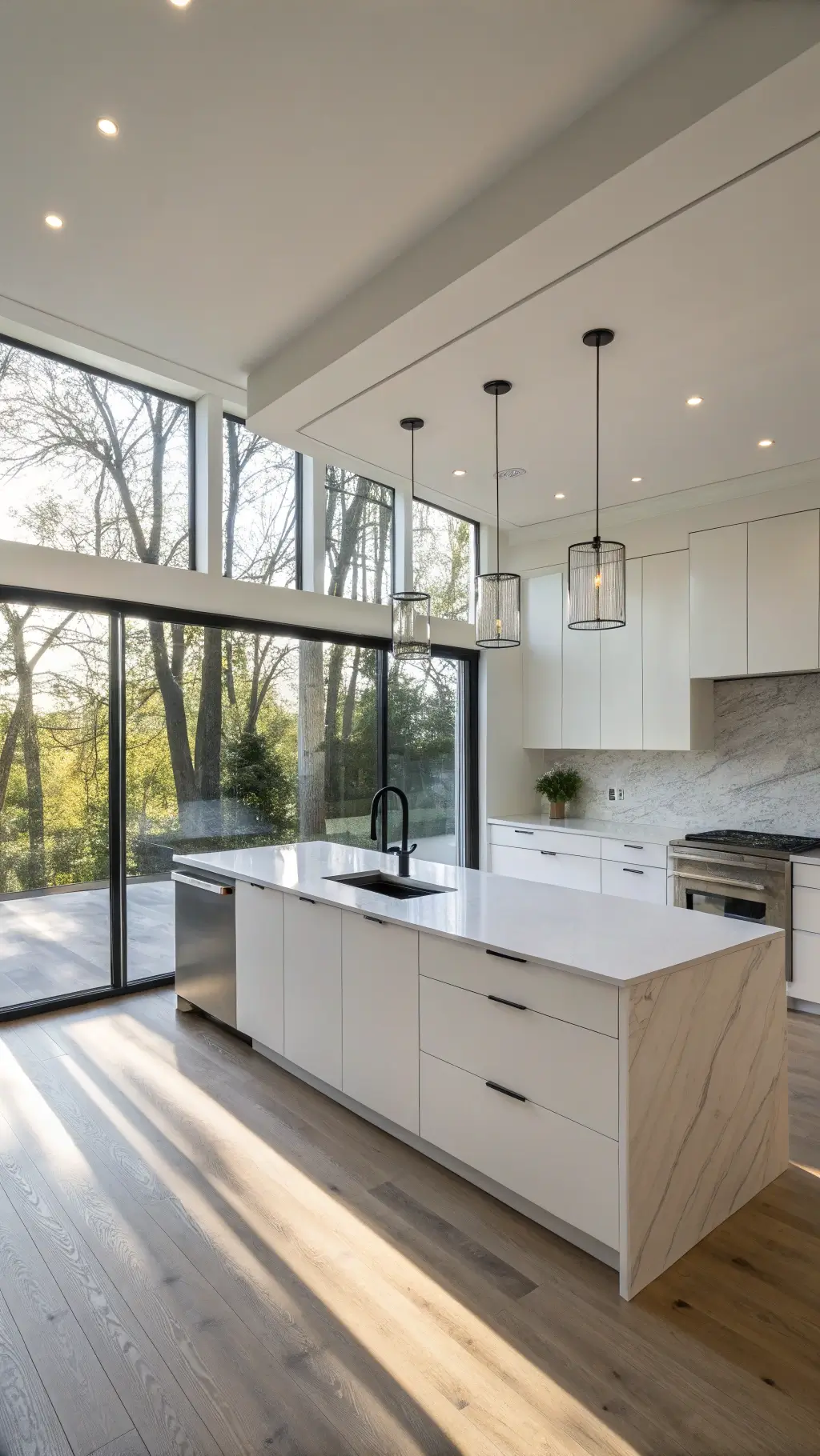 modern minimalist kitchen with sleek white cabinets, waterfall quartz island, stainless steel appliances, and matte black faucet, bathed in morning sunlight streaming through floor-to-ceiling windows.
