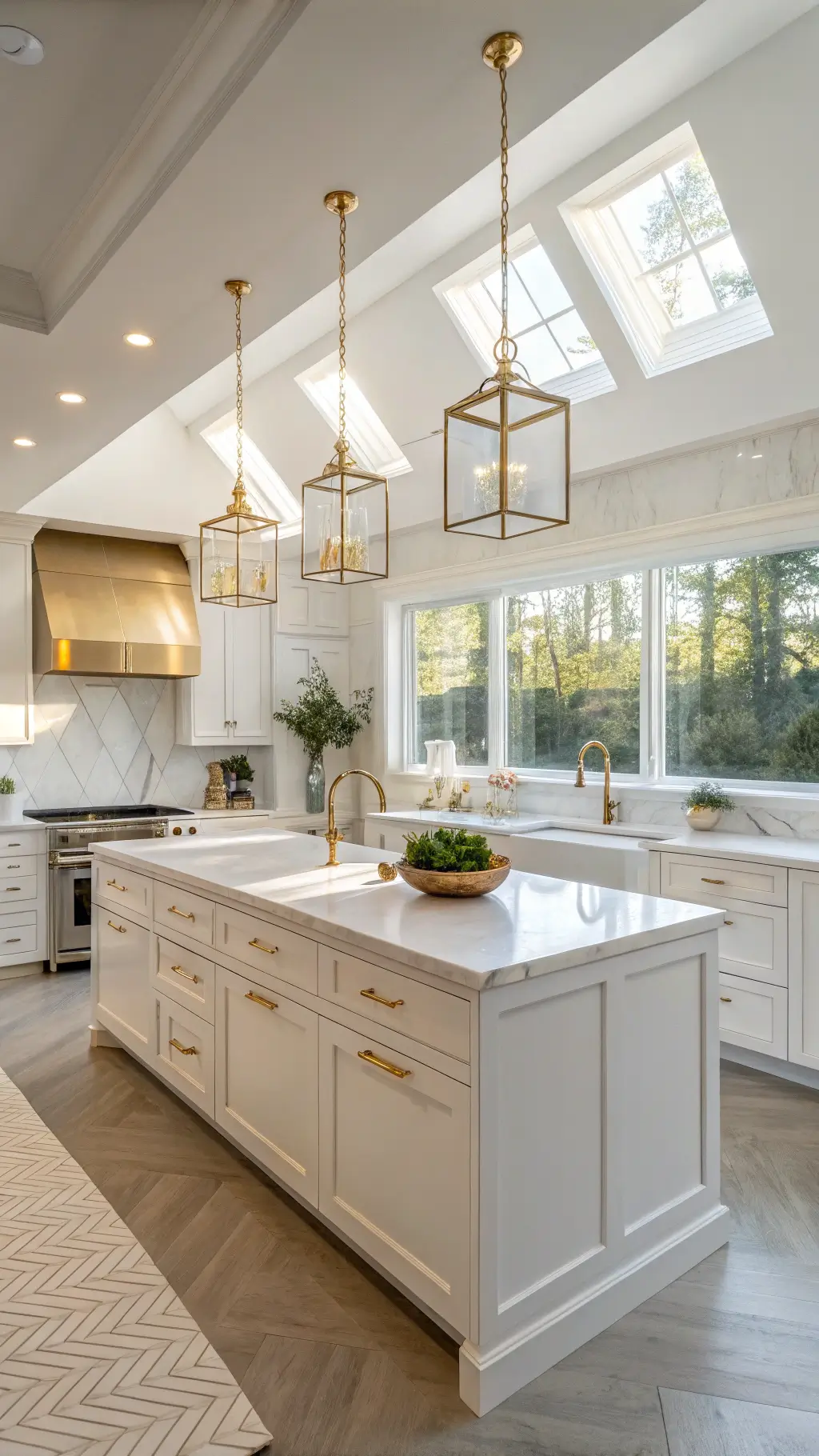 Sunlit white shaker kitchen with gold accents, marble island, and coffee station at golden hour.