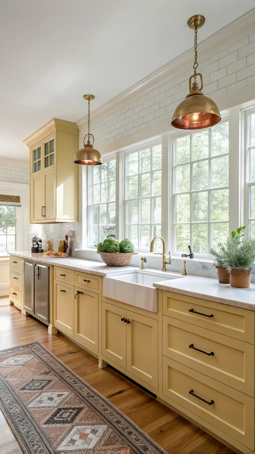 spacious and luminous morning kitchen with butter-yellow shaker-style cabinets, white quartz countertops, vintage persian runner, copper pendant lights over a marble-topped island, fresh herbs on the windowsill.