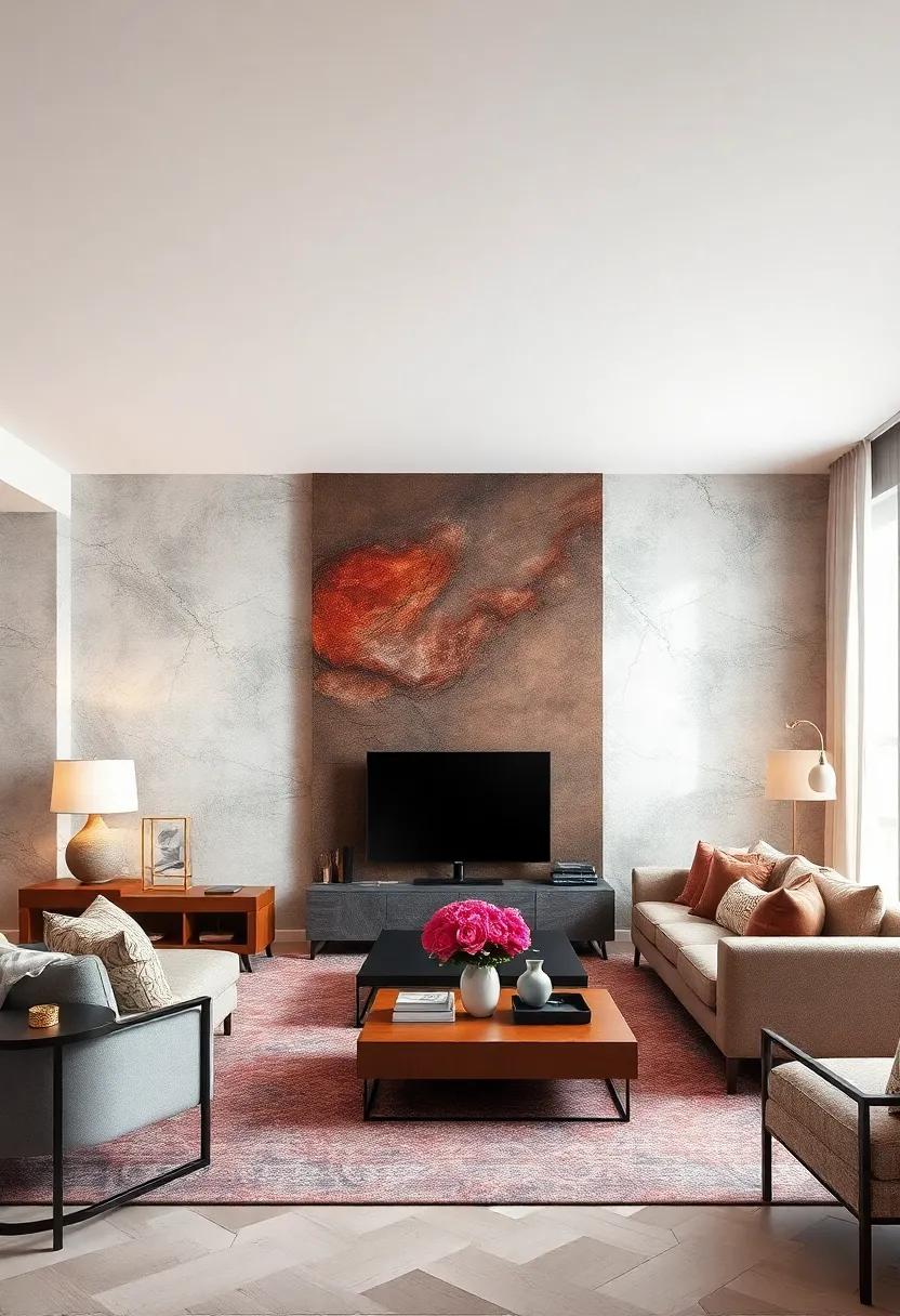 Textured Layers: Add depth to ‌your living room with textured abstract wallpapers that play with light and ⁢shadow, ⁤offering a visual feast