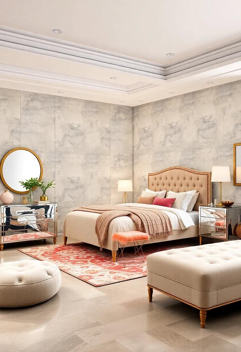 Glamorous Touch Collection: Add a bit of sparkle to your space with this glamorous furniture set, featuring mirrored accents and plush upholstery to elevate your bedroom's style without overspending