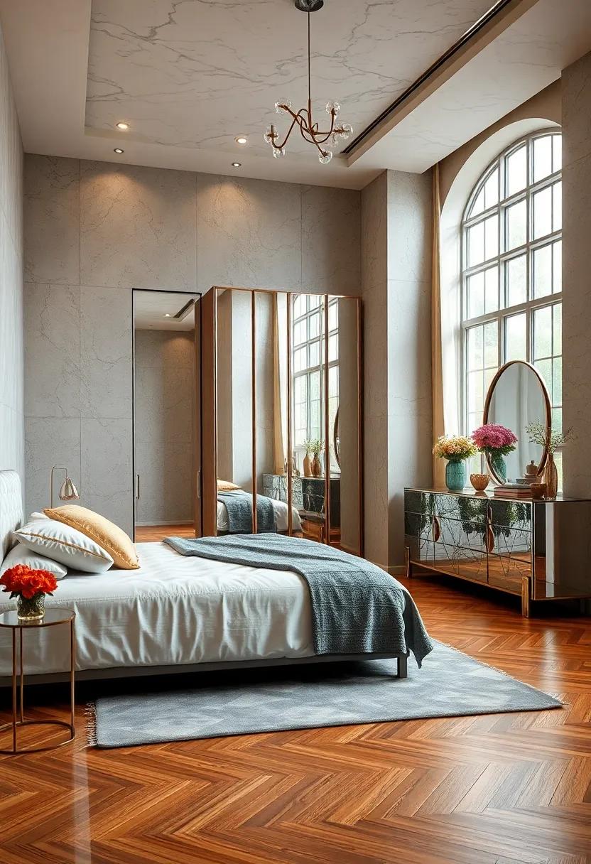 Delight in the interplay of textures as a hardwood floor juxtaposes with a stunning mirrored wardrobe, reflecting light and heightening the serene ambiance