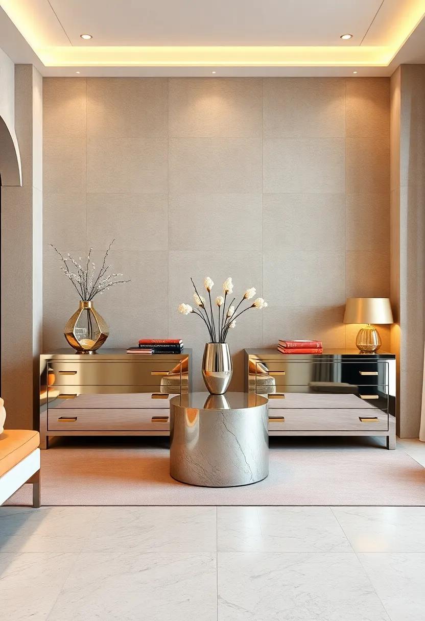 Play with symmetry by placing two identical mirrored chests of drawers against opposite walls, offering both functionality and visual balance in the design