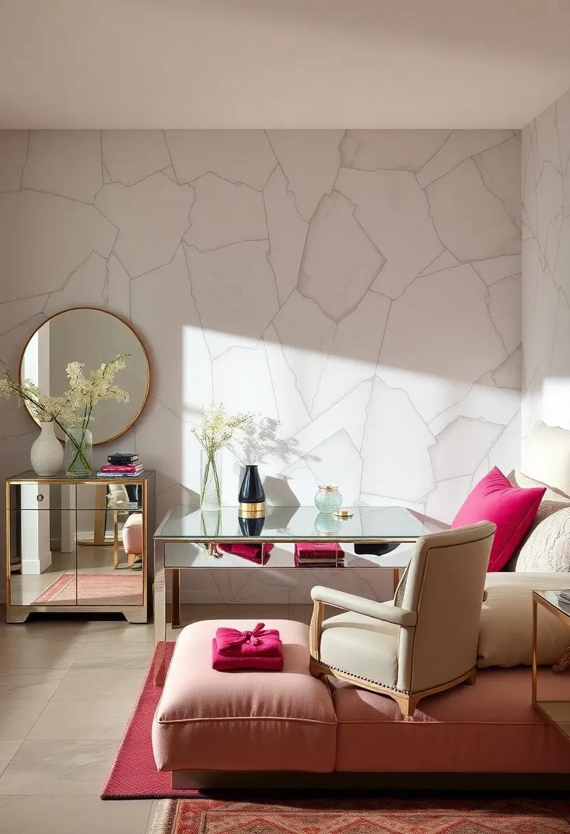 Harness the spirit of glamour with a vanity area featuring a chic mirrored desk that invites you to indulge in self-care amidst a stunning setting