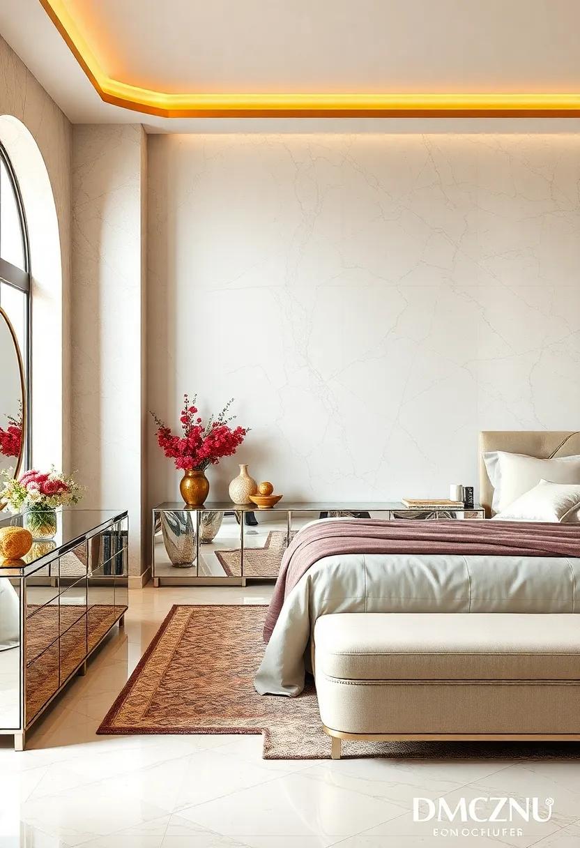 Celebrate craftsmanship by incorporating handmade Art Deco pieces alongside modern mirrored designs, establishing character and uniqueness in your bedroom