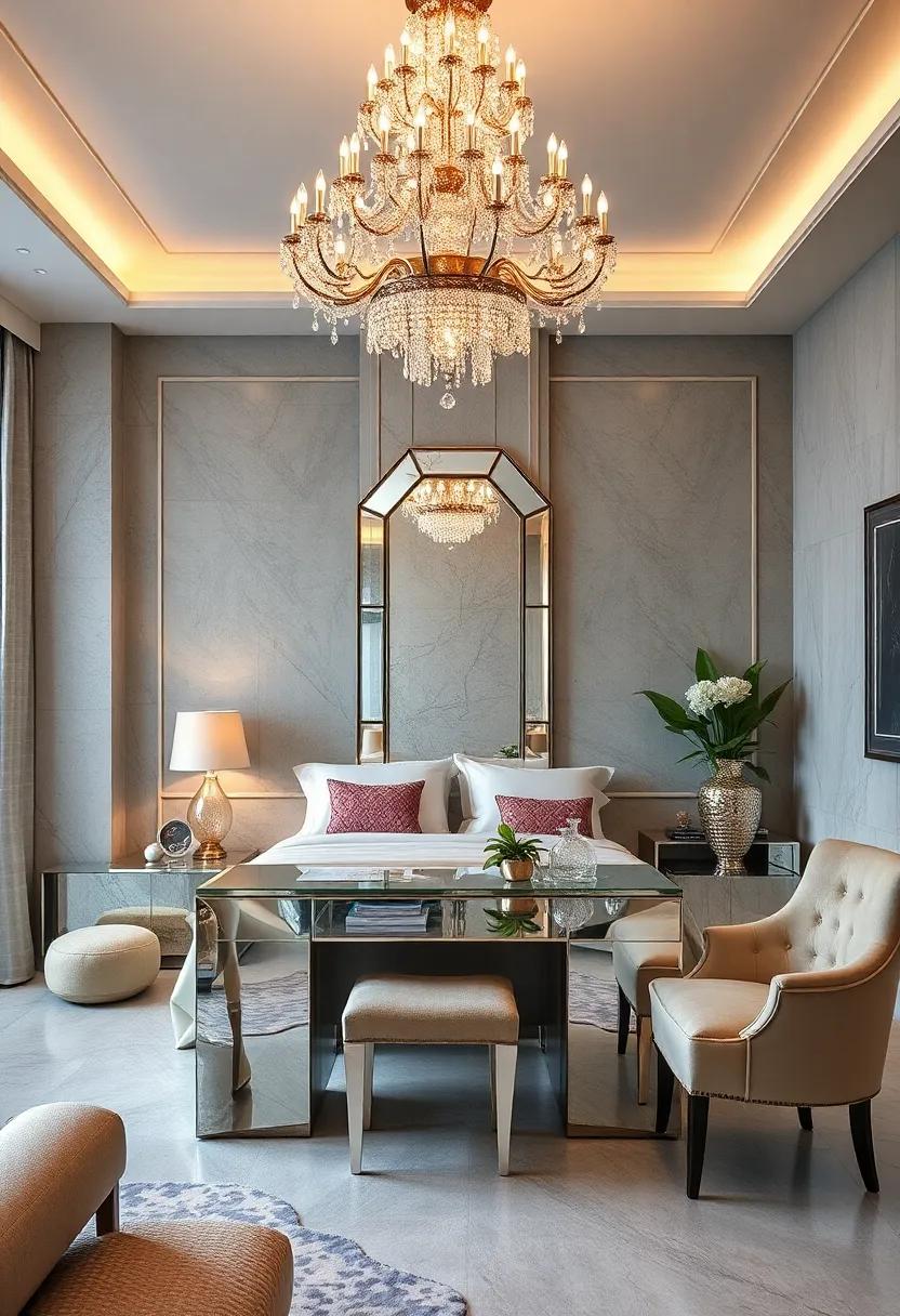 Unleash ultimate glam with a stellar chandelier above a mirrored dressing table, showering the room in sparkle while reflecting sophisticated style