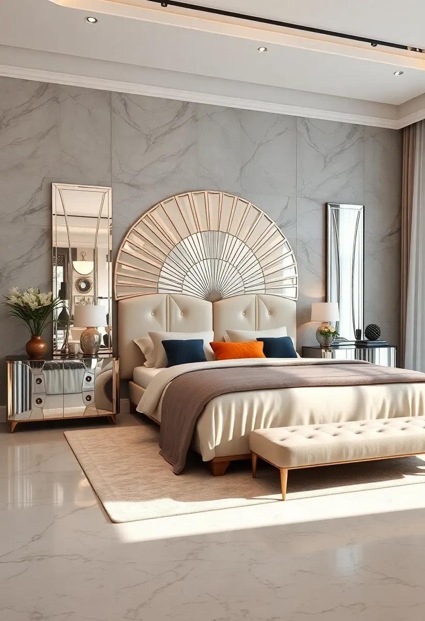 Discover a monochromatic master suite where sharp geometric patterns on fabrics are echoed in the mirrored dresser, enhancing the room’s design narrative