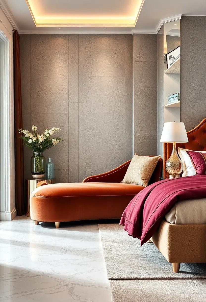 A cozy corner nook featuring a plush velvet chaise lounge paired with a mirrored accent table embodies the quintessential Art Deco glamour in a functional way