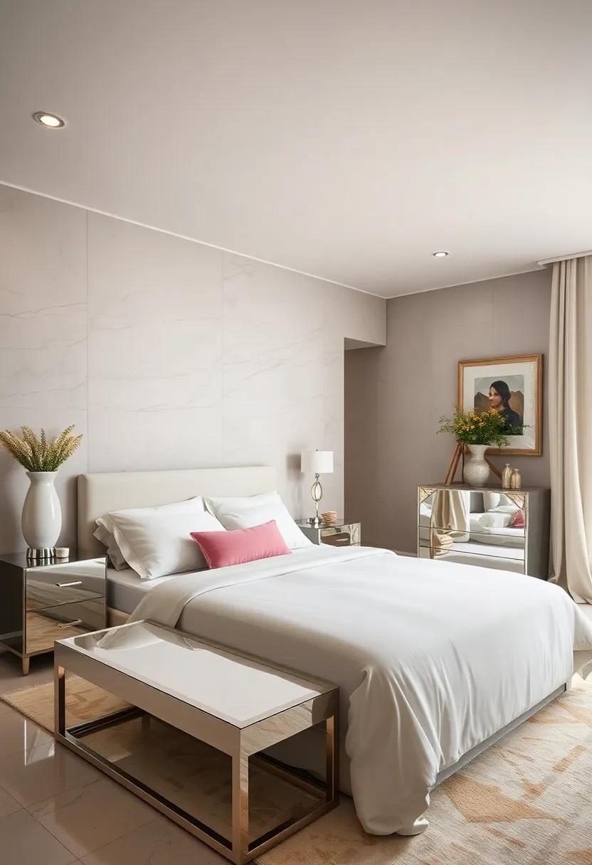 Discover a serene ambiance in a soft, neutral-toned bedroom, where mirrored furniture adds just a sprinkle of drama without overwhelming the tranquil setting