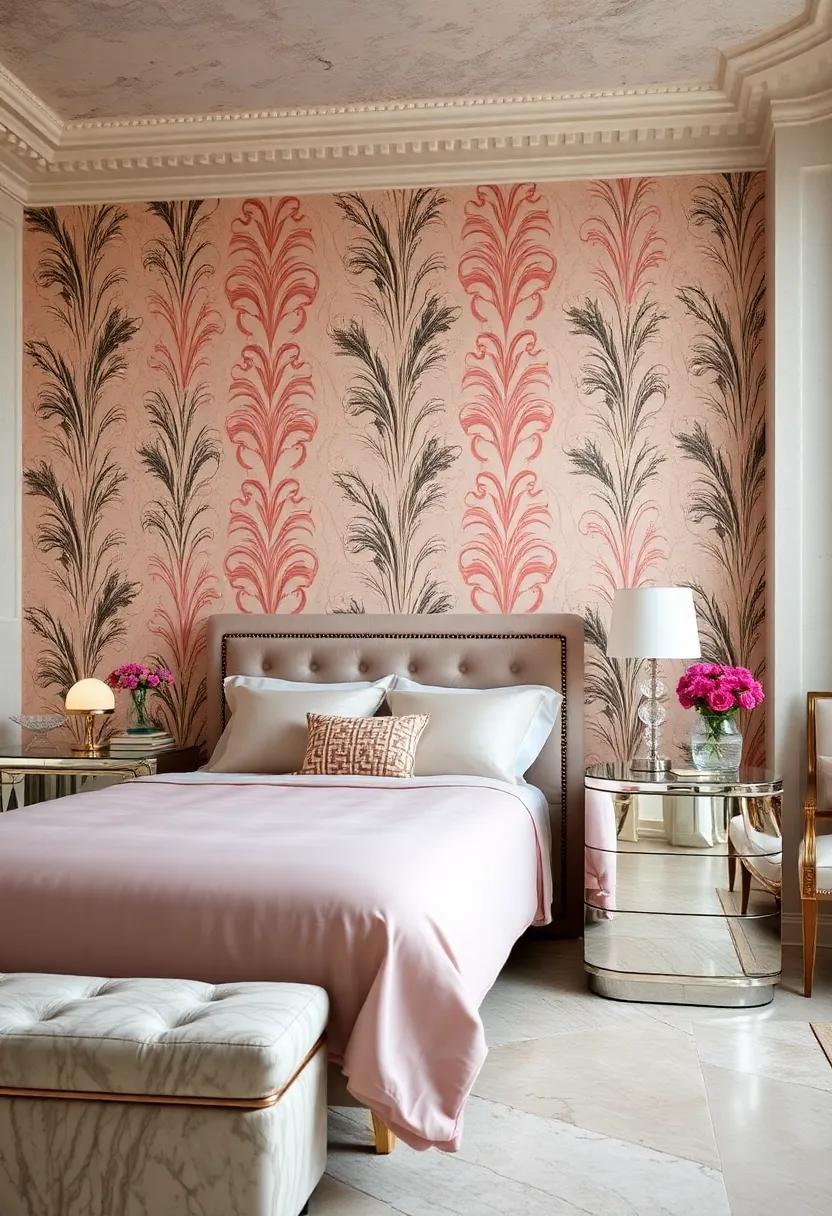 Embrace vintage charm with a soft pastel color palette, where mirrored nightstands serve as a striking contrast against bold wallpaper, blending classic and contemporary effortlessly