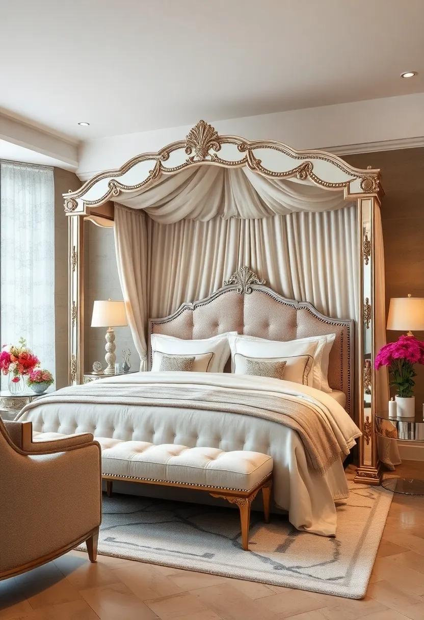 experience luxury with an Art Deco-inspired canopy bed adorned with intricate mirrored accents, creating a romantic retreat that beckons relaxation