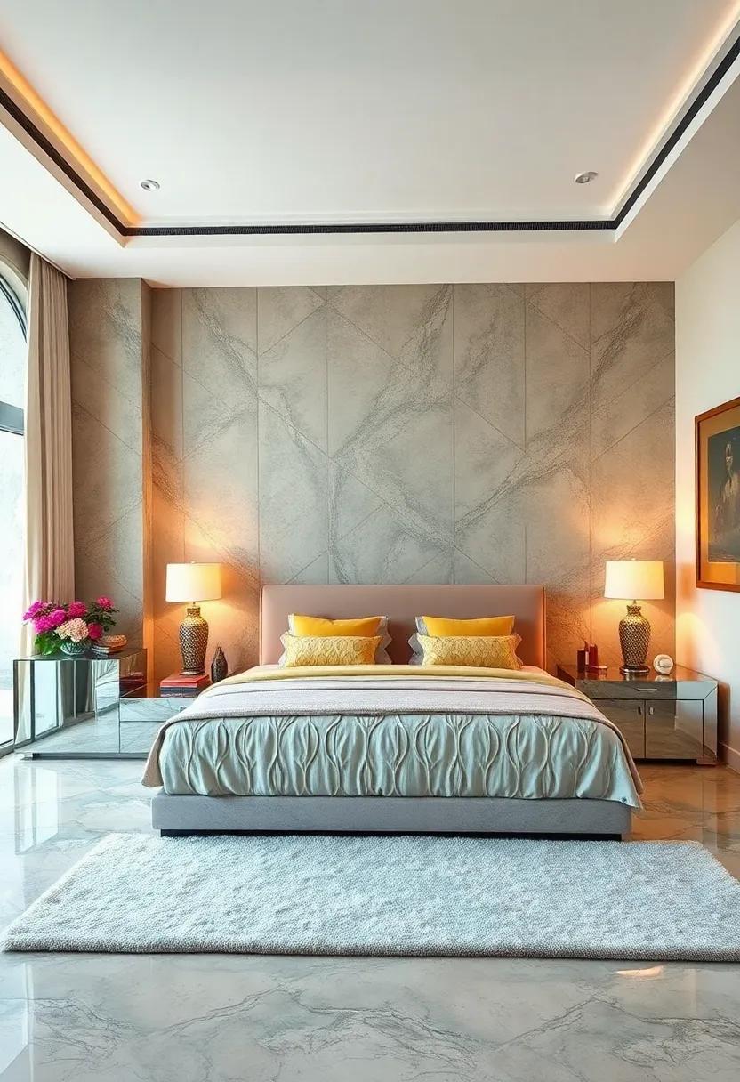 Emphasize luxury with a plush area rug layered beneath a streamlined mirrored bed, creating an inviting space that feels both upscale and comfortable