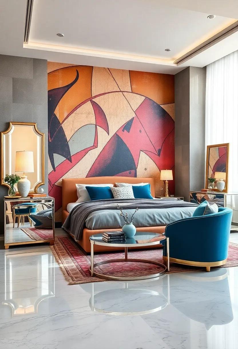 Infuse personality into your bedroom with a bold mural that dances alongside reflective furniture pieces, creating a dynamic interplay of color and light