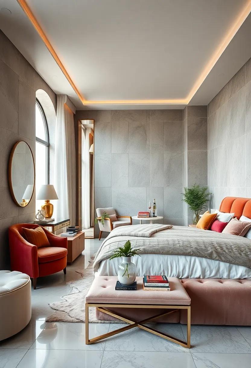 Envelop yourself in comfort with velvet accents alongside shimmering mirrored accents, creating a bedroom that’s both lush and light-filled