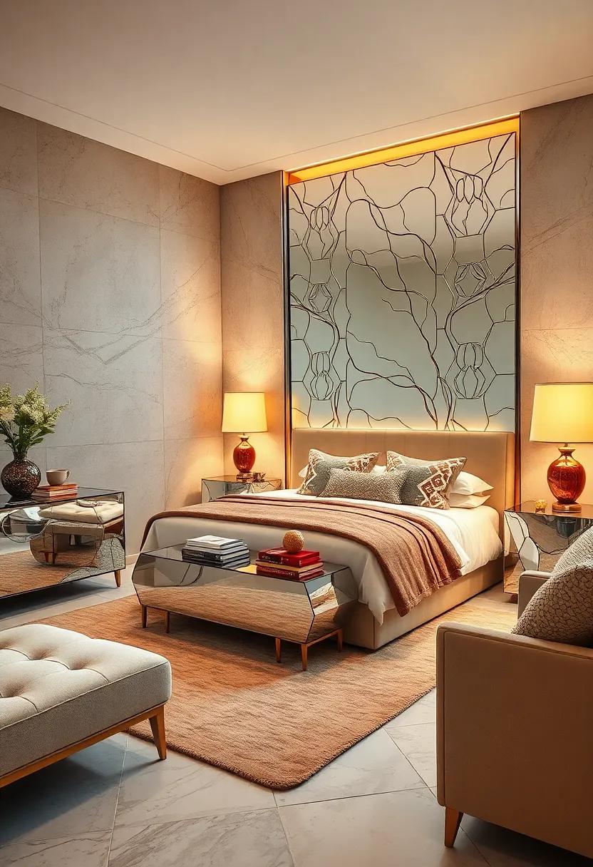 Design a luxurious retreat with layered lighting that highlights the facets of mirrored furniture, casting enchanting shadows that dance throughout the space