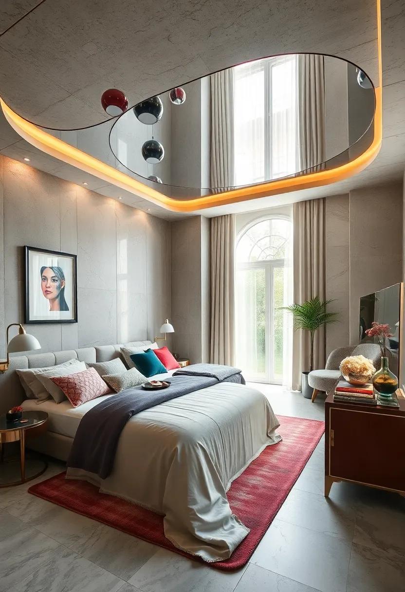 Transform your sleep space with a mirrored ceiling feature, inviting a celestial vibe that feels both modern and intriguingly historic